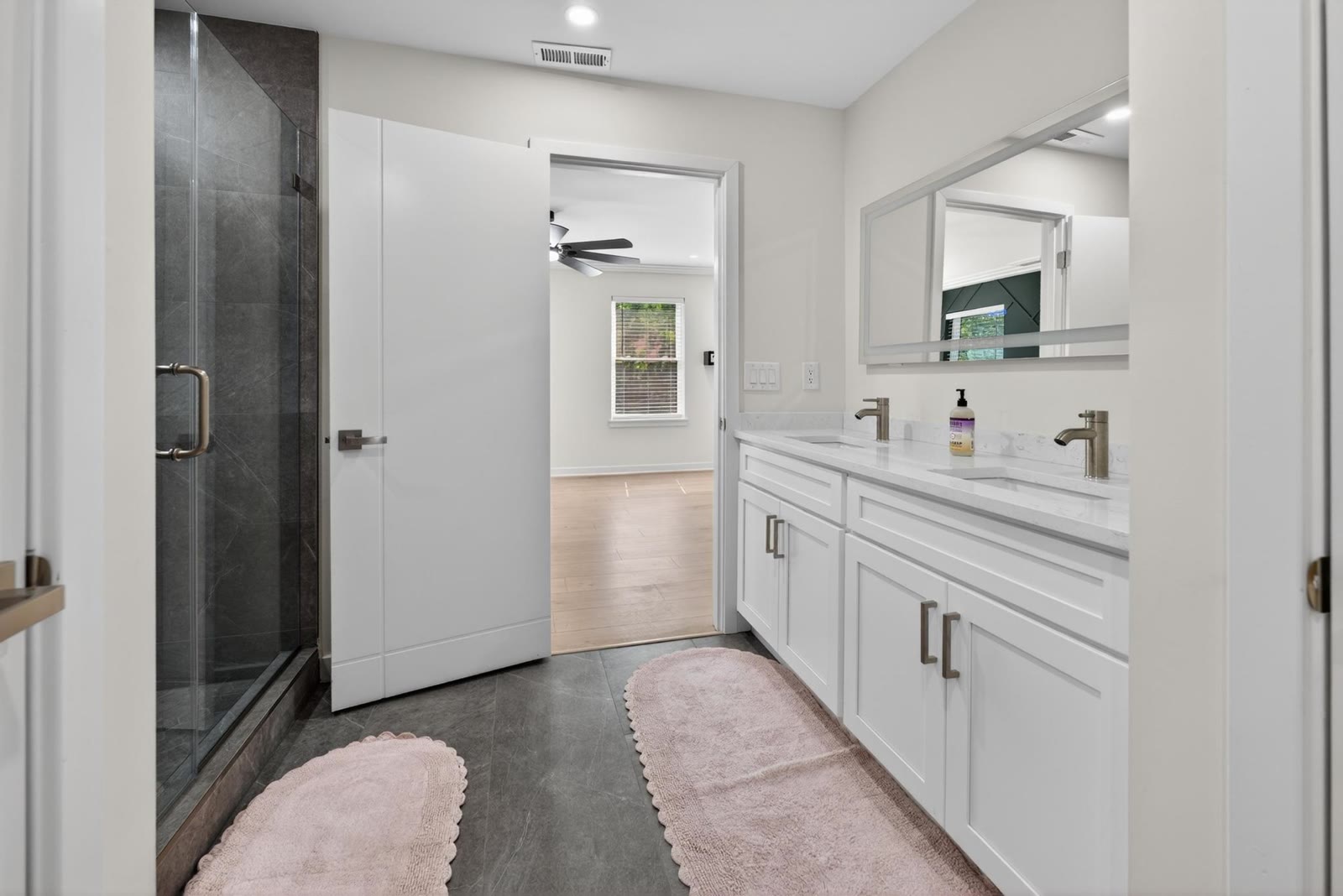 Modern bathroom with a walk-in shower and double vanity